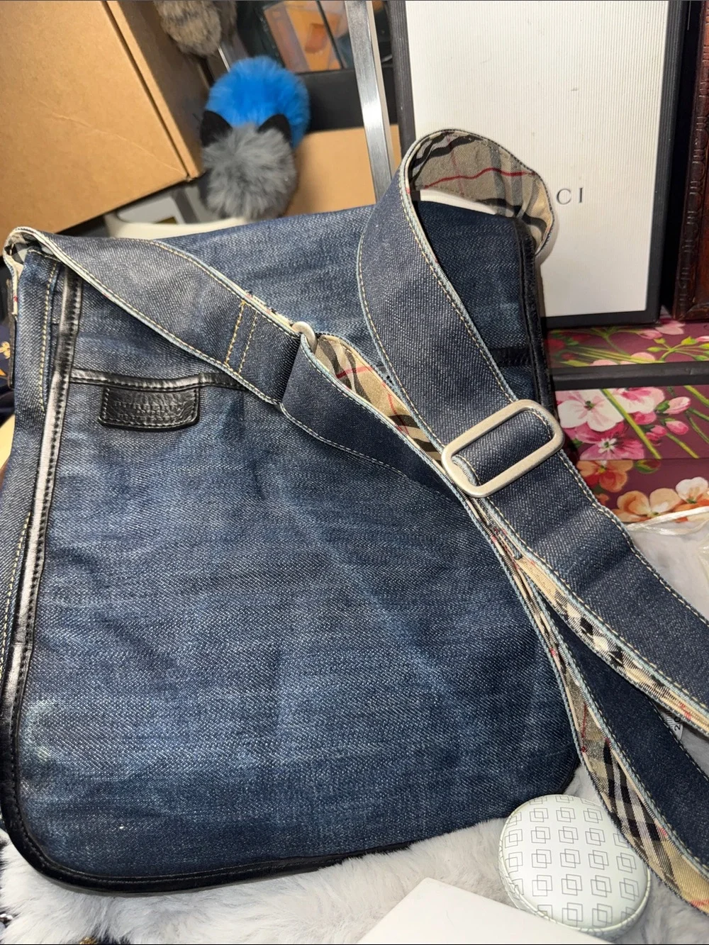 Burberry Blue Denim Messenger Bag with Beige Check Strap